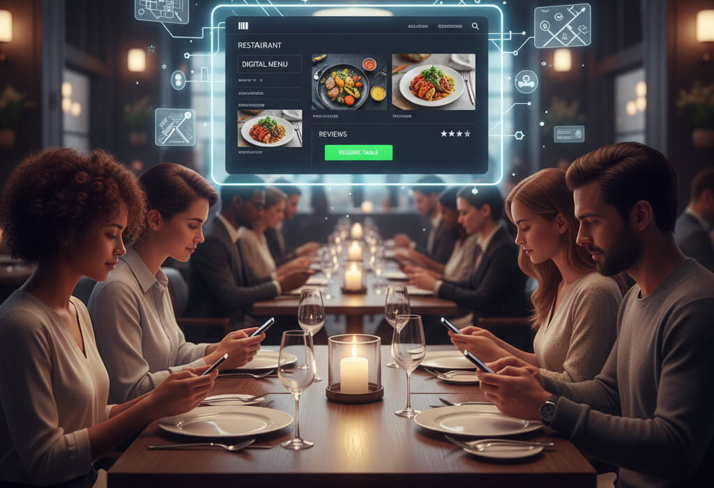 Digital dining room concept showing how restaurant websites influence diners before they visit.