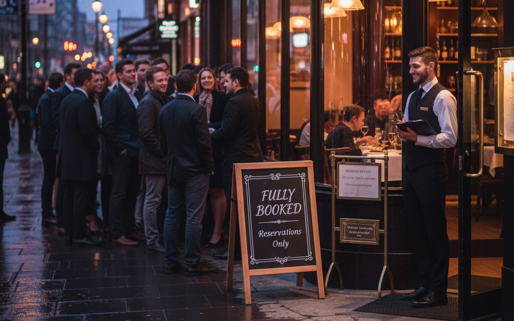 Customers waiting in a long line outside a famous restaurant, illustrating the psychology of exclusivity and high demand in dining experiences.