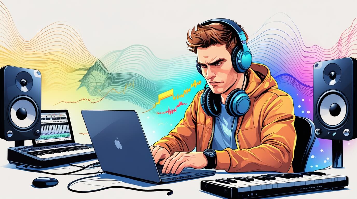 Illustration of a beginner music producer working in a home studio using free online resources and tools.