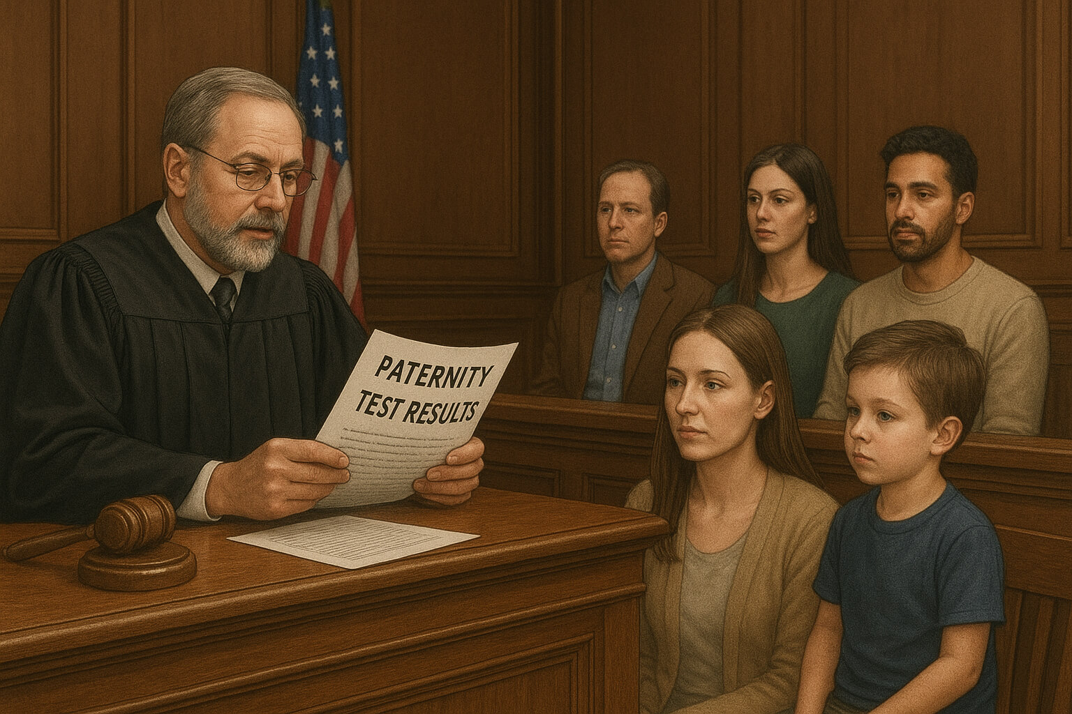 Judge reviewing paternity test results with parents and child in a family law courtroom.