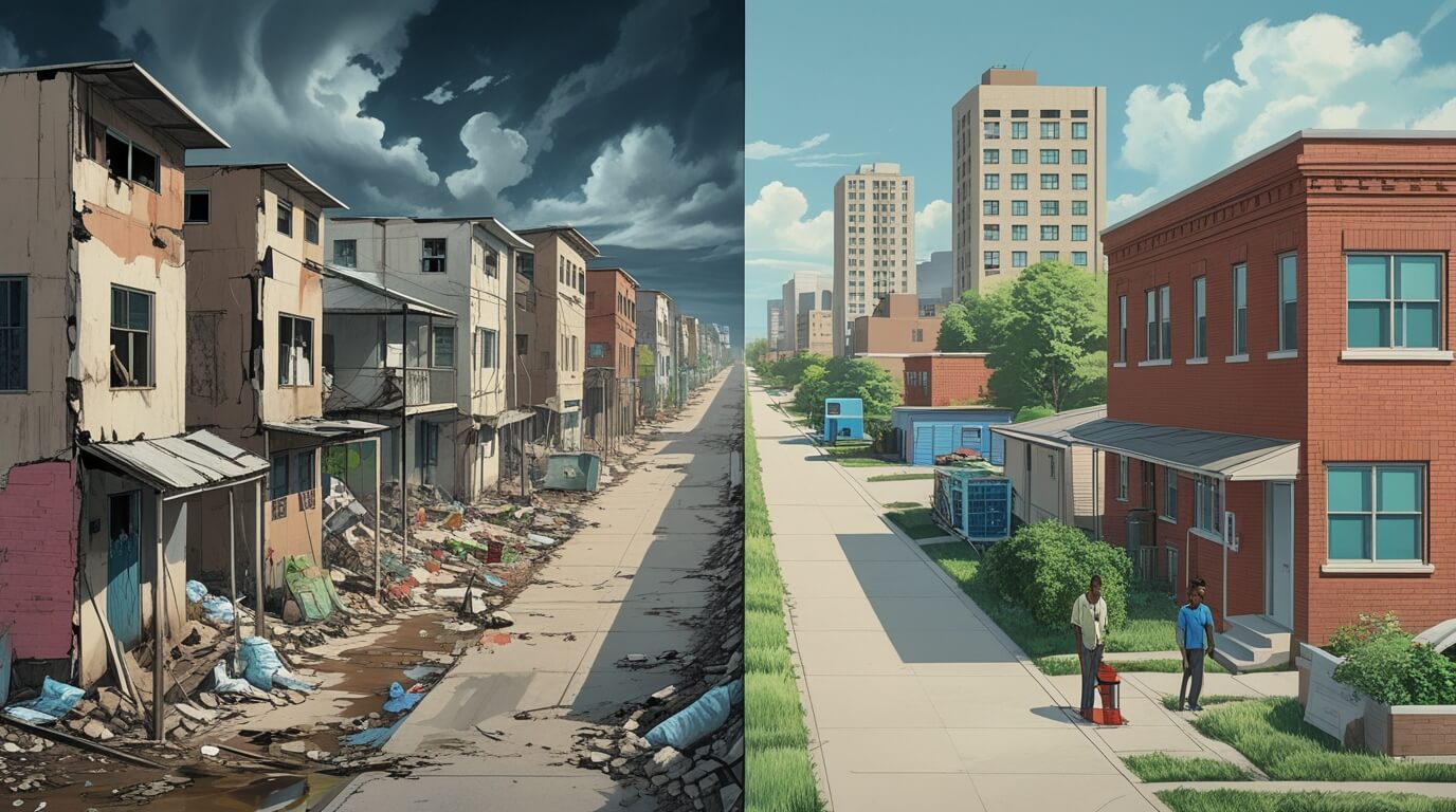 Illustration showing the contrast between poverty-stricken neighborhoods with poor healthcare access and thriving communities with better health facilities.