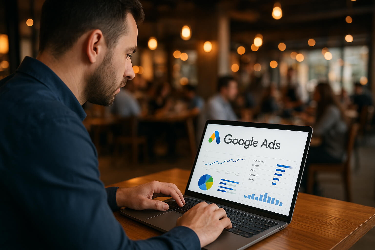 Restaurant owner checking Google Ads campaign results on a laptop with analytics dashboard and graphs.