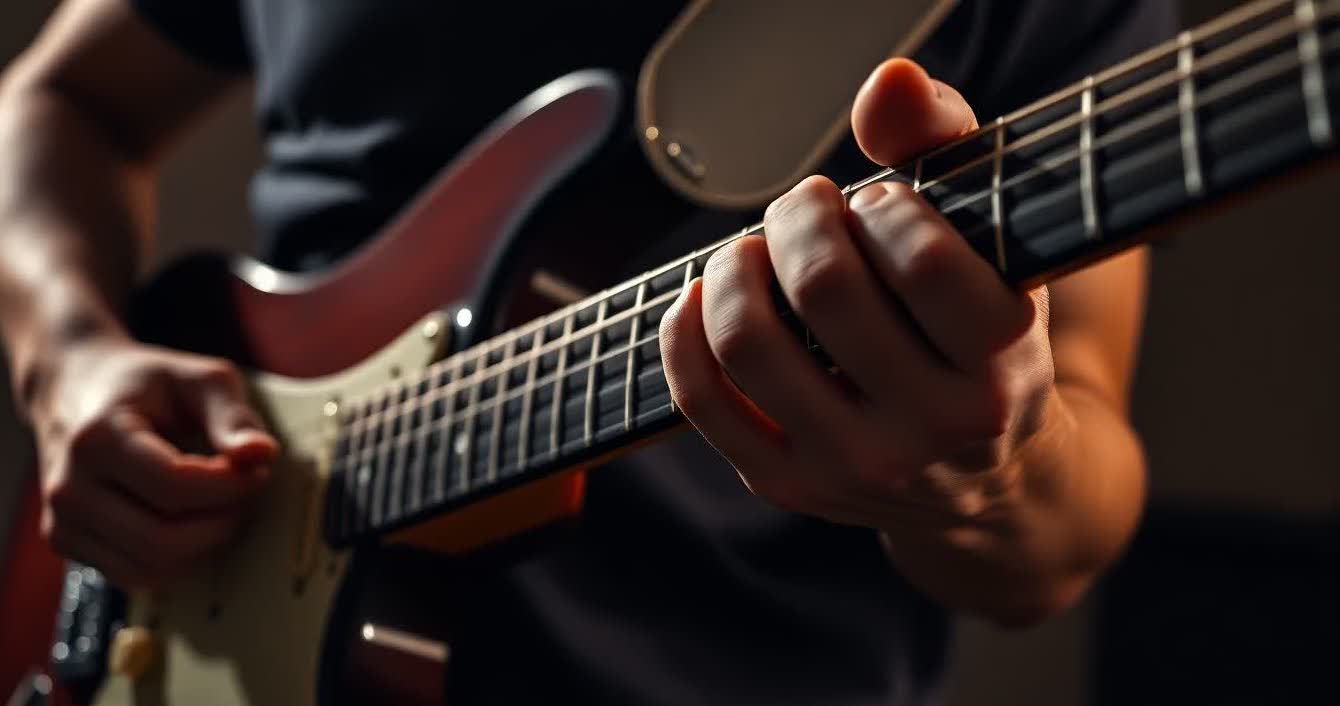 Guitarist demonstrating advanced sweep picking on an electric guitar during a live performance.