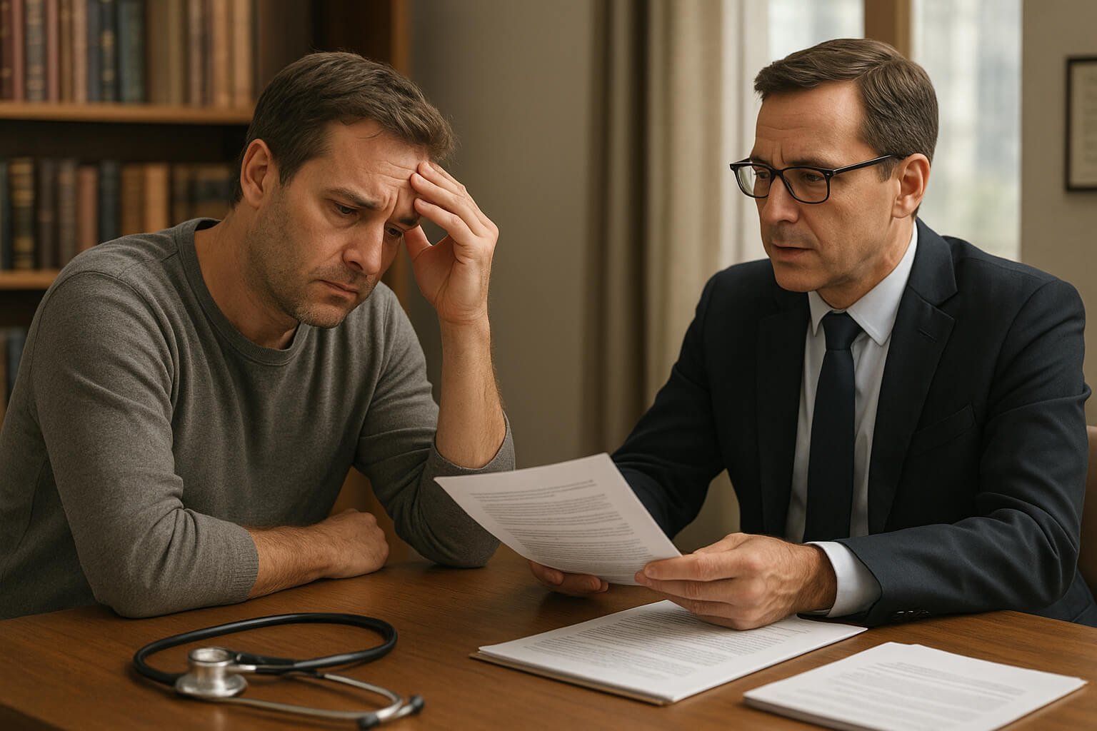 Patient meeting a lawyer about a medical malpractice claim.
