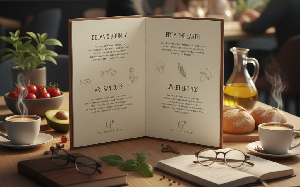 Creative restaurant menu showcasing storytelling elements, detailed dish descriptions, and visually appealing design on a warmly lit table.