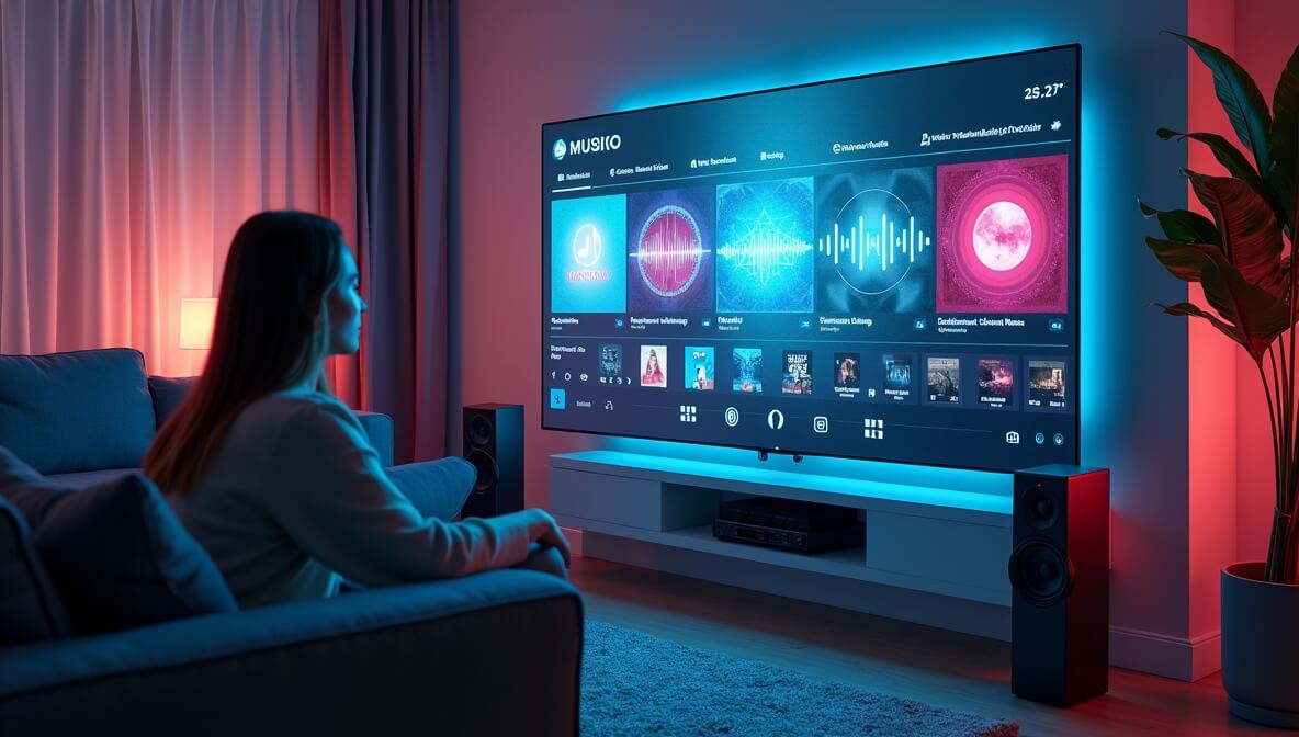 A user interacting with a futuristic music streaming interface showing personalized AI playlists and immersive features in a modern living room.