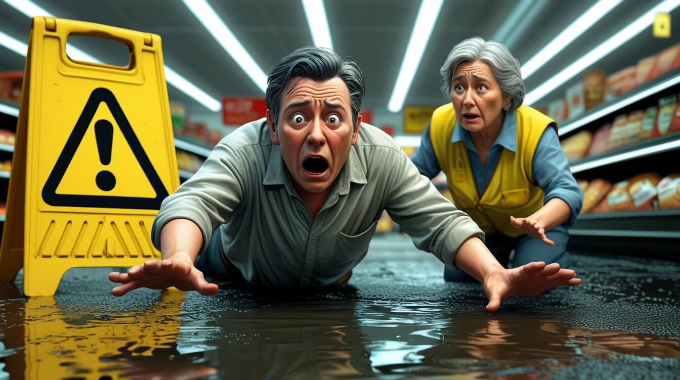 Person slipping on a wet floor in a store while someone calls for help, illustrating a slip and fall accident.