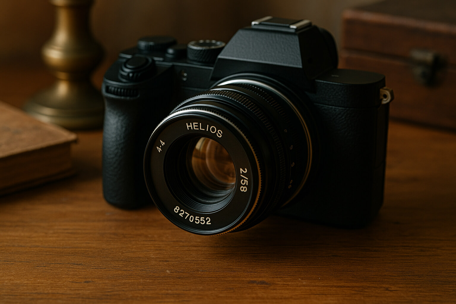 Vintage Helios lens mounted on a modern mirrorless camera for cinematic filmmaking.