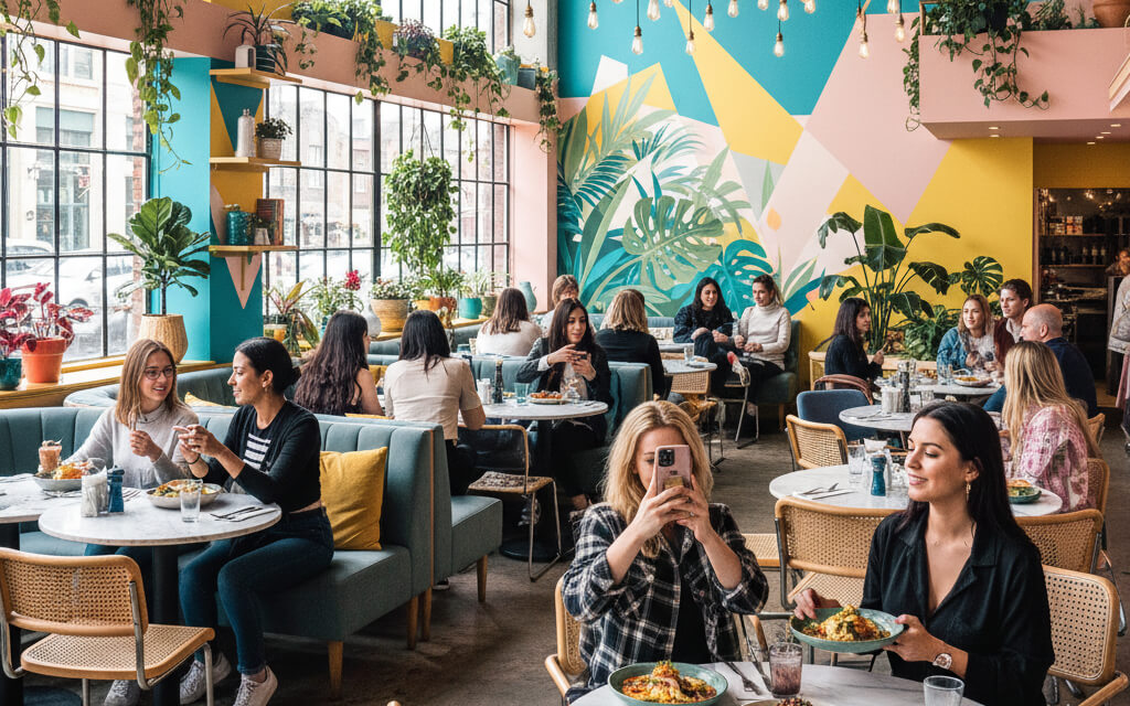 Instagram-worthy restaurant interior with stylish decor, vibrant colors, and natural lighting perfect for social media photos.