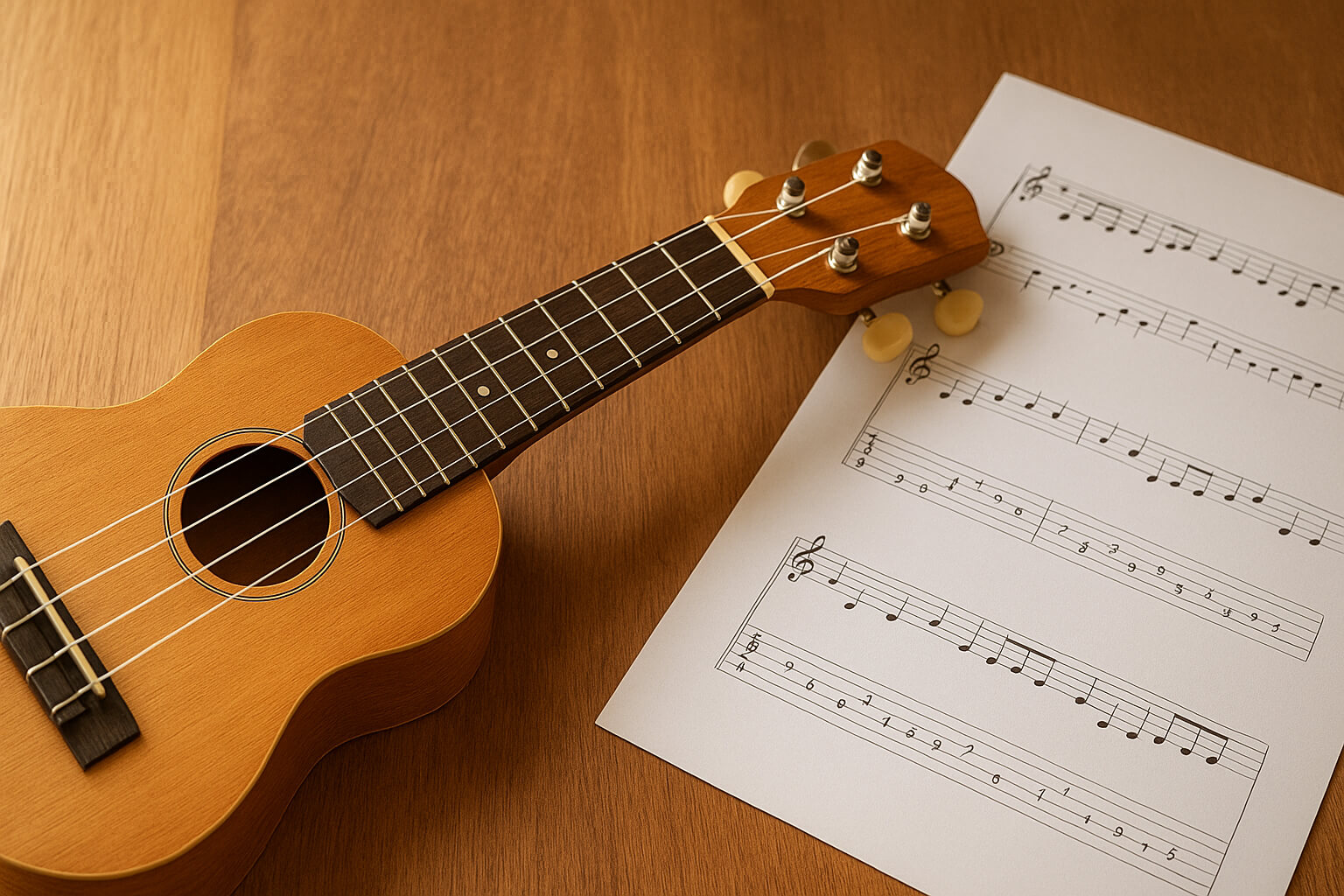 Beginner learning how to read ukulele tabs with sheet music and ukulele on a table