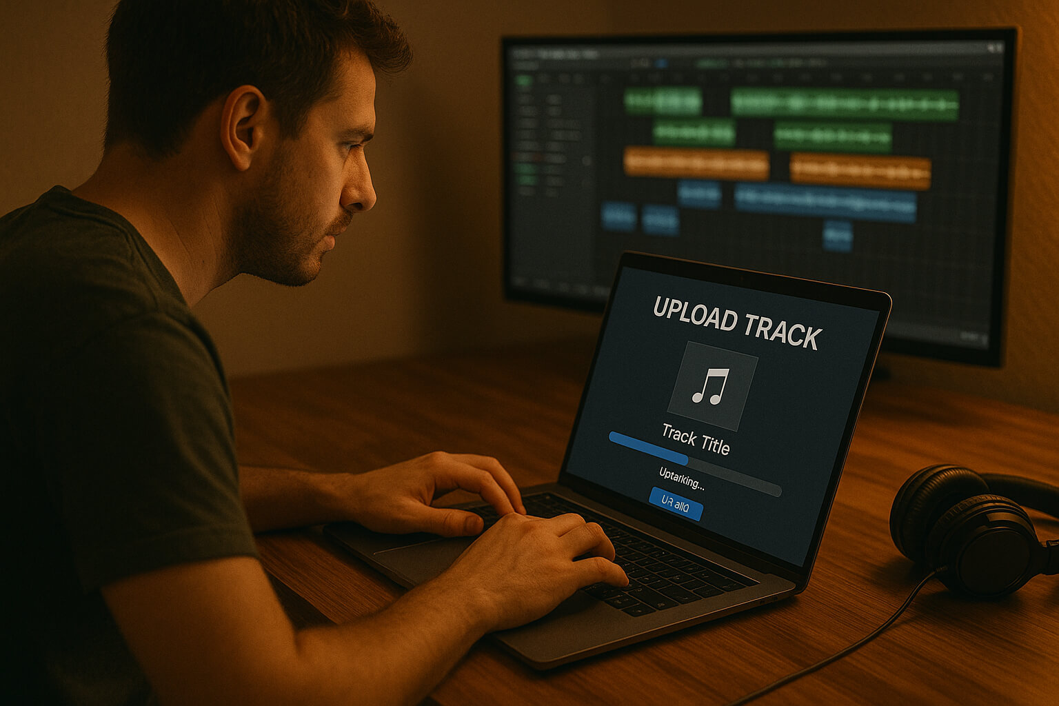 Artist uploading music to Spotify and Apple Music through a digital distribution platform on a laptop.
