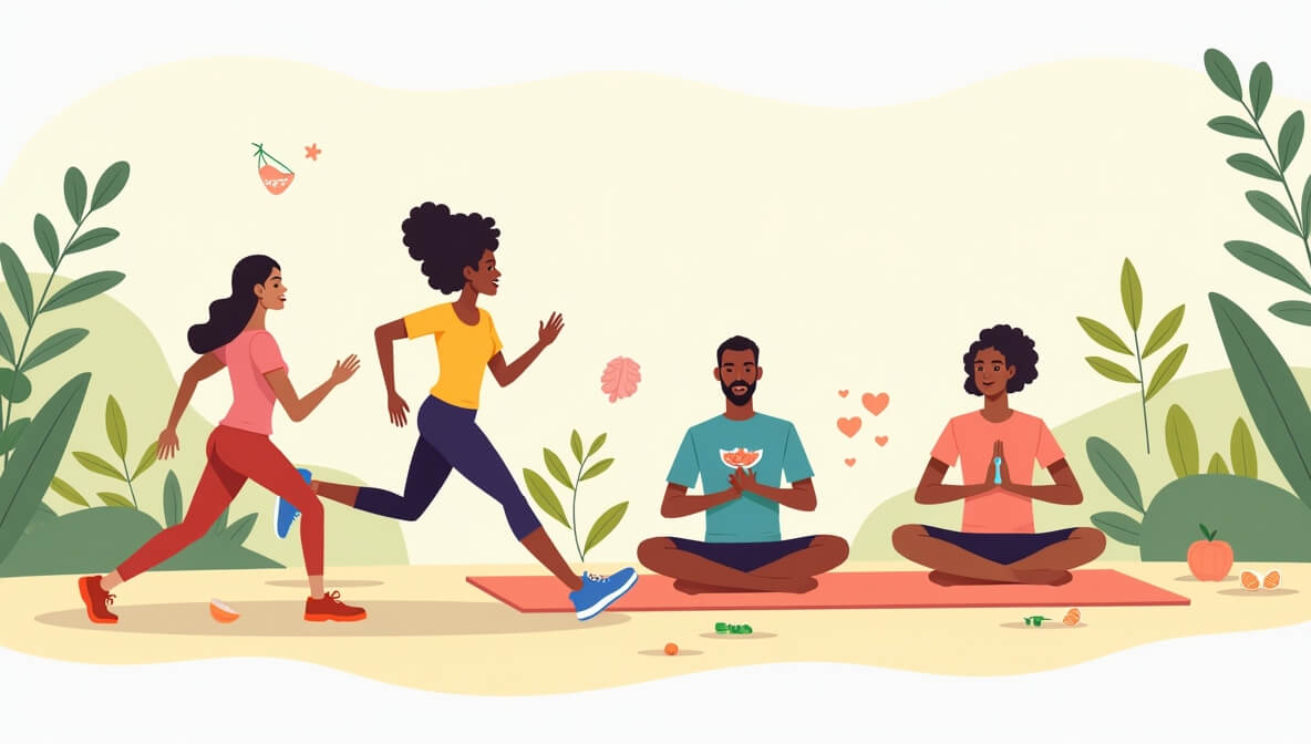 Illustration showing the link between physical and mental health with people exercising, eating healthy, and meditating in a bright natural setting.