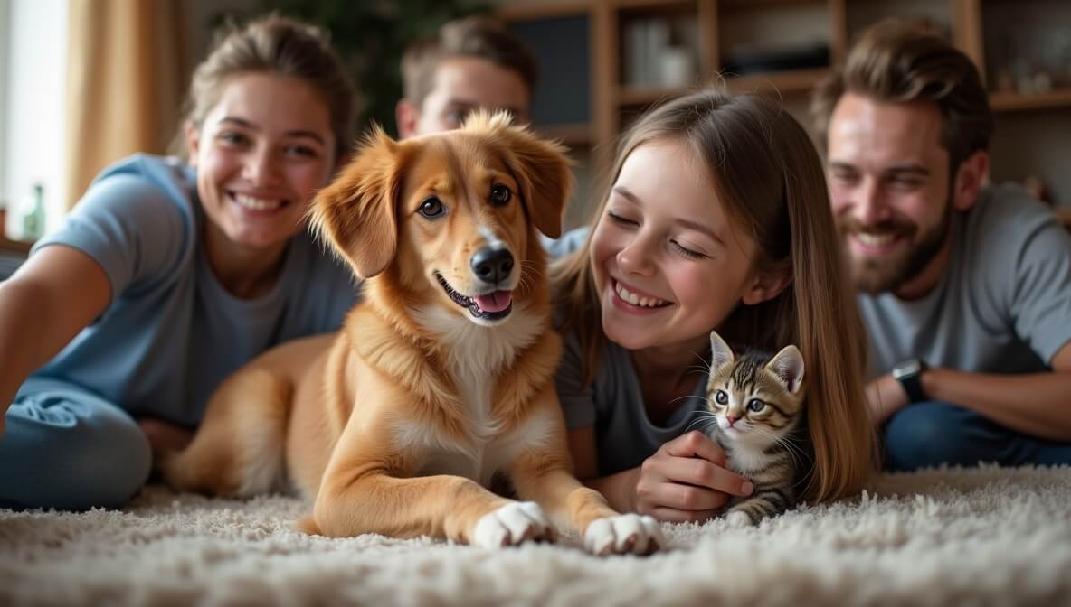 Family adopting a rescue dog and foster caregiver bonding with a kitten, showcasing the benefits of adoption and fostering animals.