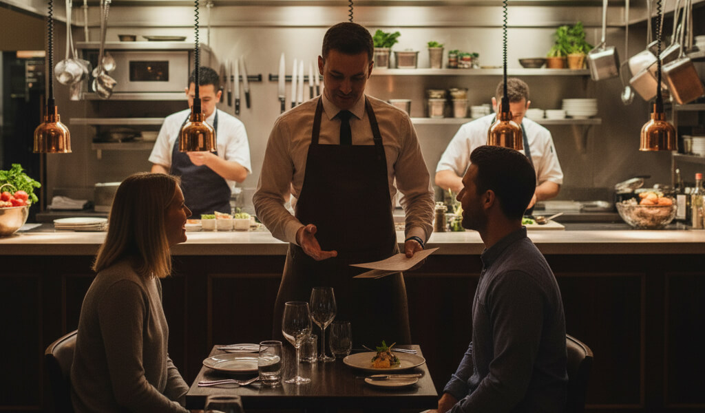 A server explaining the story of a dish to diners in a warm restaurant setting, highlighting the role of storytelling in guest experience.