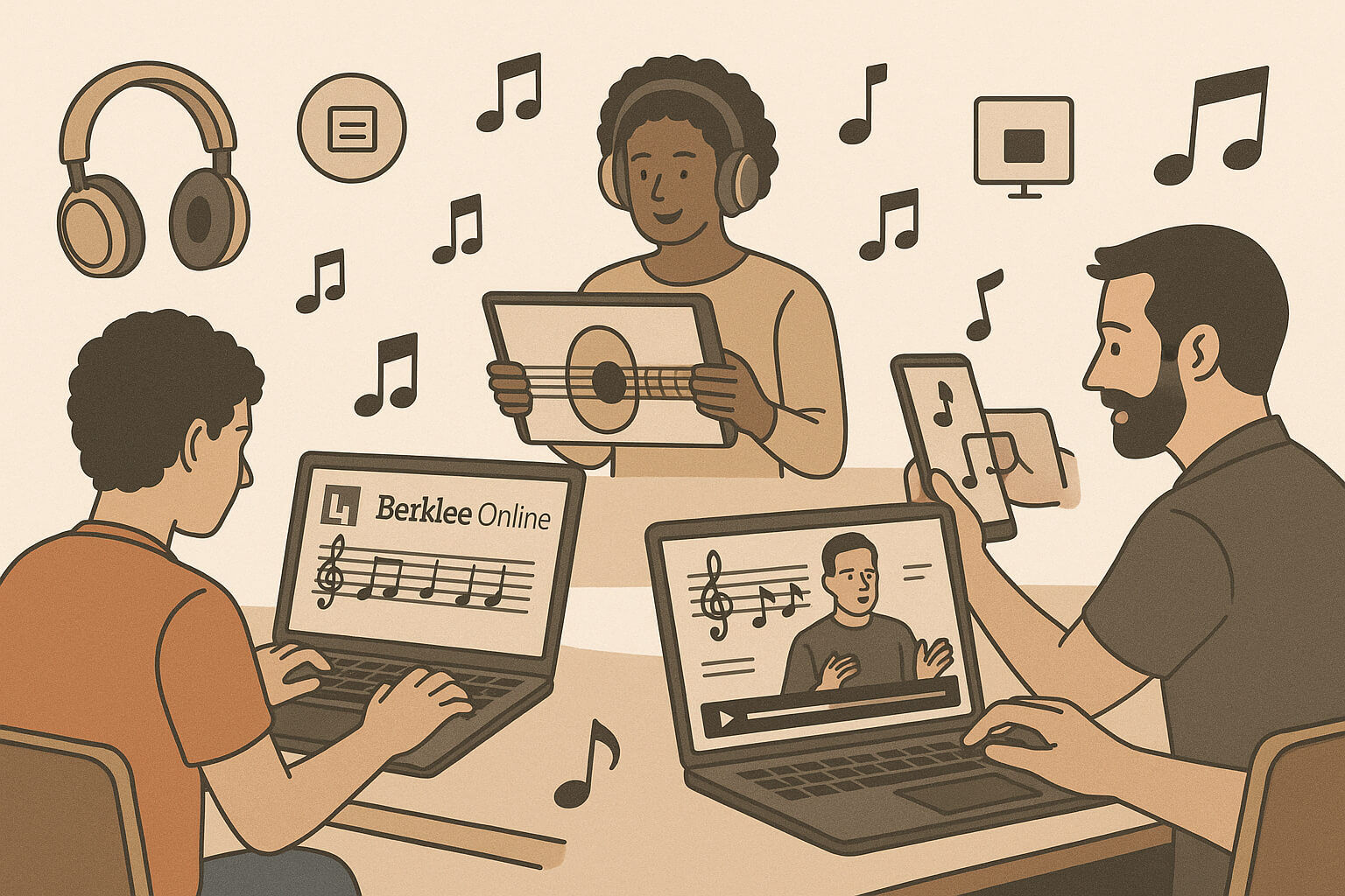 Group of hobbyist and professional musicians attending online music classes on laptops and tablets, with screens showing platforms like Berklee Online, Yousician, and MasterClass.