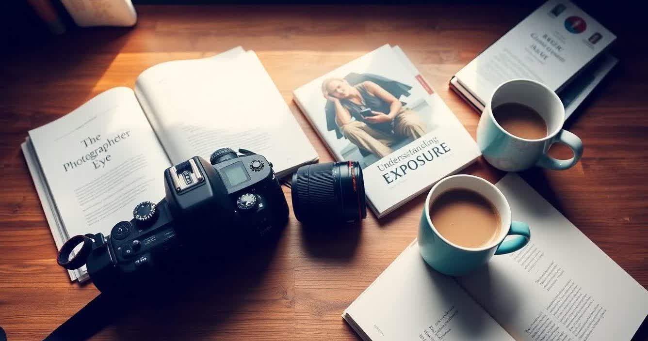 Stack of the best photography books for 2025, featuring covers on camera techniques, composition, and photo editing