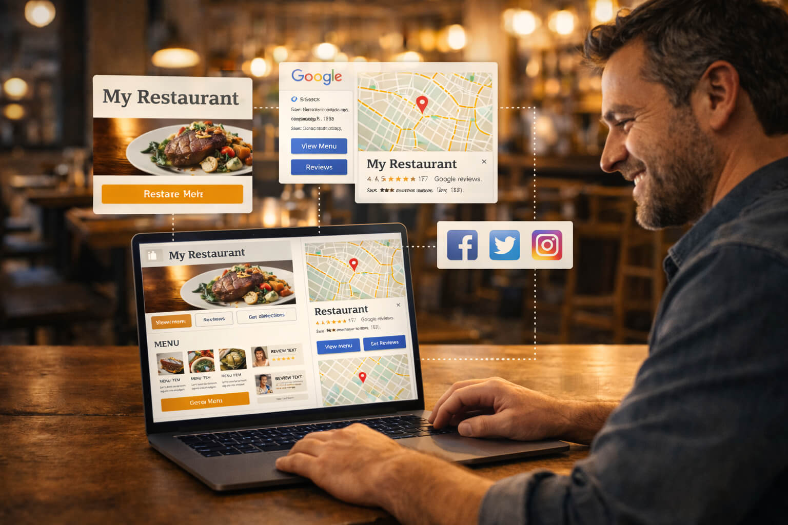 Restaurant owner building a strong online presence with a professional website, Google Maps listing, and customer reviews.