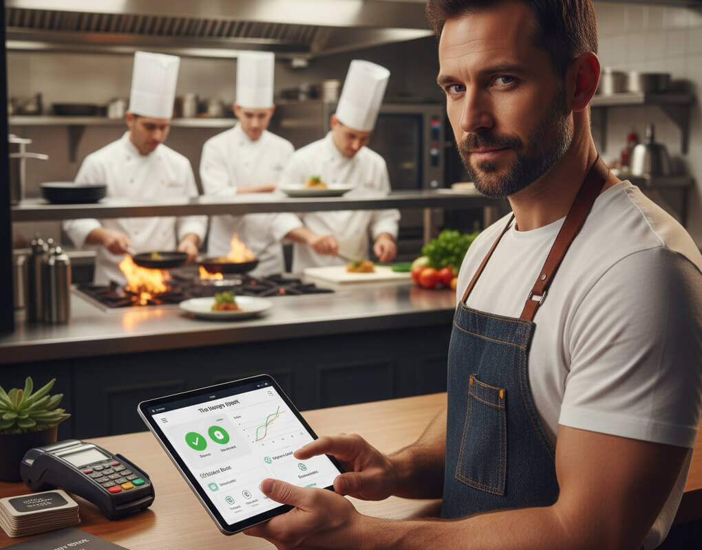 Small restaurant owner using a modern POS system with digital orders, inventory tracking, and staff management features.