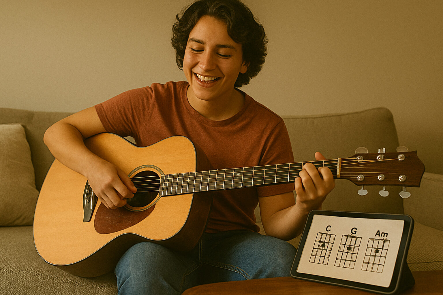 A person playing guitar using chord charts on a tablet instead of traditional sheet music.