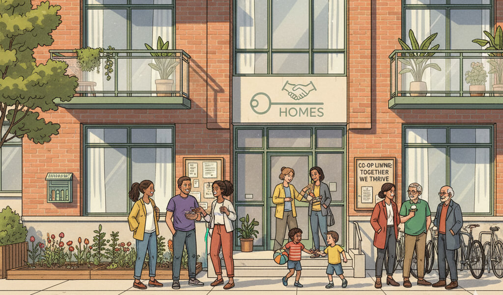 Modern urban apartment building representing a housing co-op with residents enjoying community living.