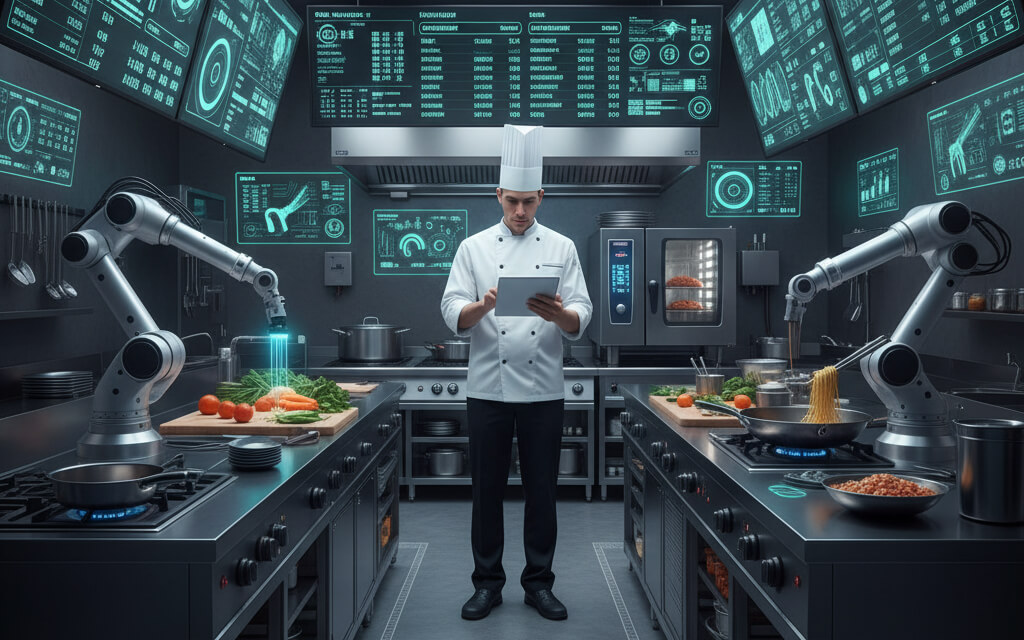 Chef in a smart kitchen using AI-powered tools and digital screens to manage orders and food preparation efficiently.