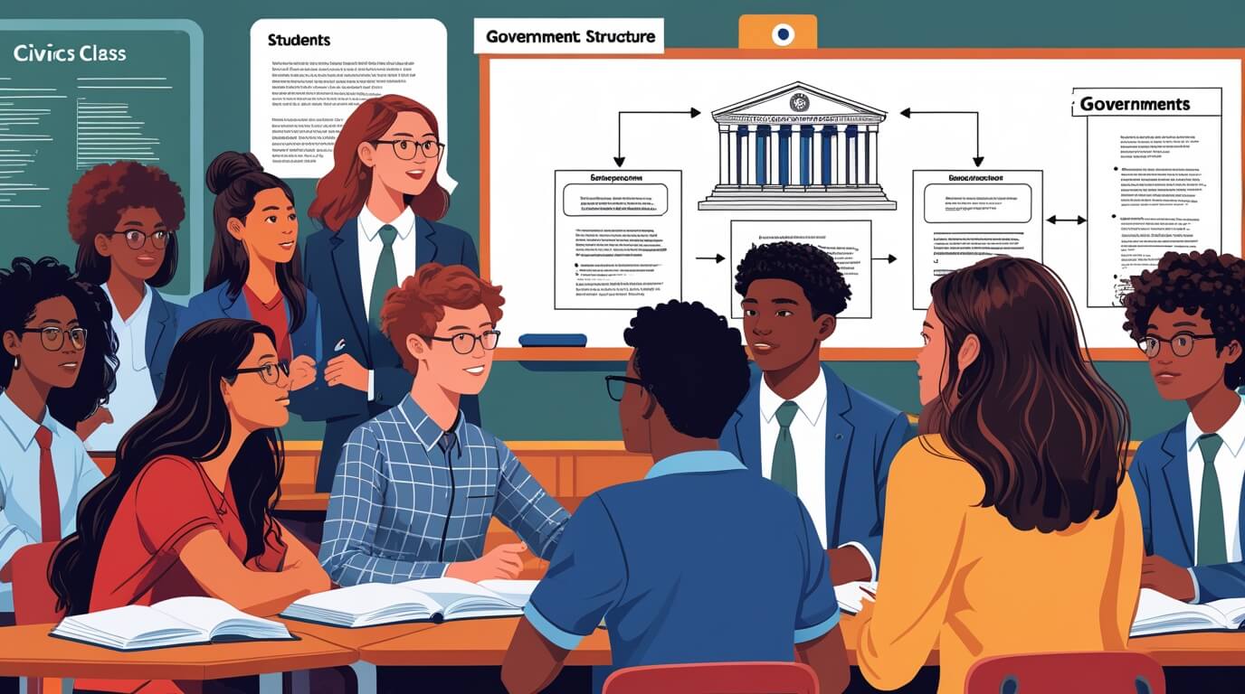 A diverse group of students in a classroom engaging in a civics lesson, discussing government, rights, and responsibilities.