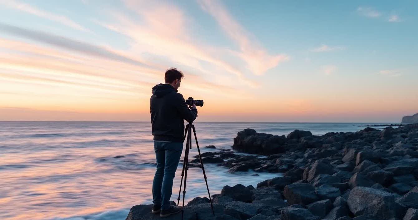 Photographer capturing long-exposure seascape with smooth water and streaked sunset clouds.