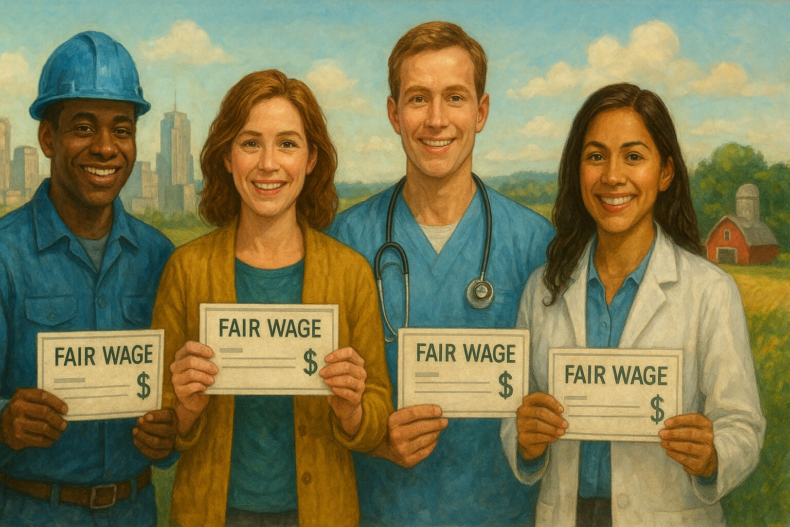 Diverse workers celebrating fair wages as a step toward poverty alleviation and social justice.