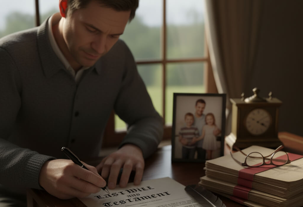 Parent signing a will document with a family photo and legal papers on a desk, representing estate planning for minors.