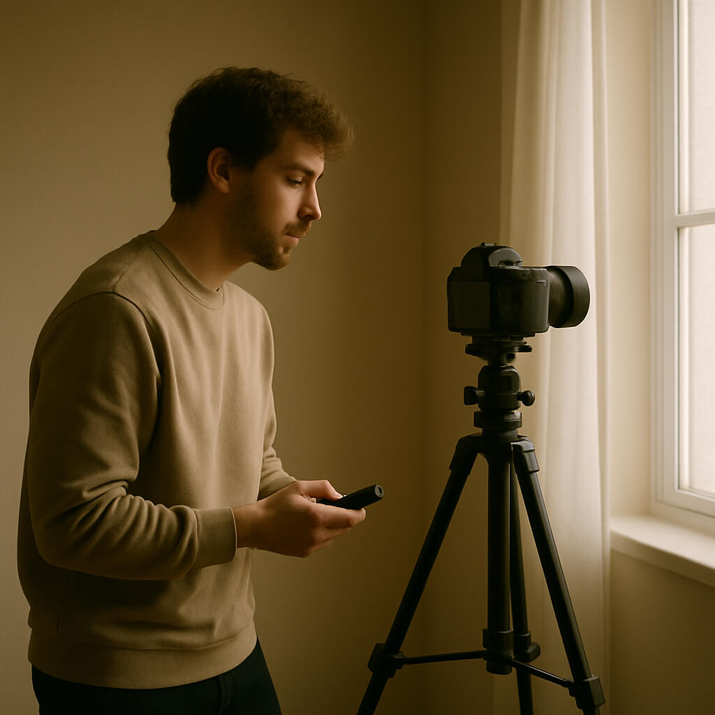 Photographer setting up camera on tripod for indoor self-portrait with natural light
