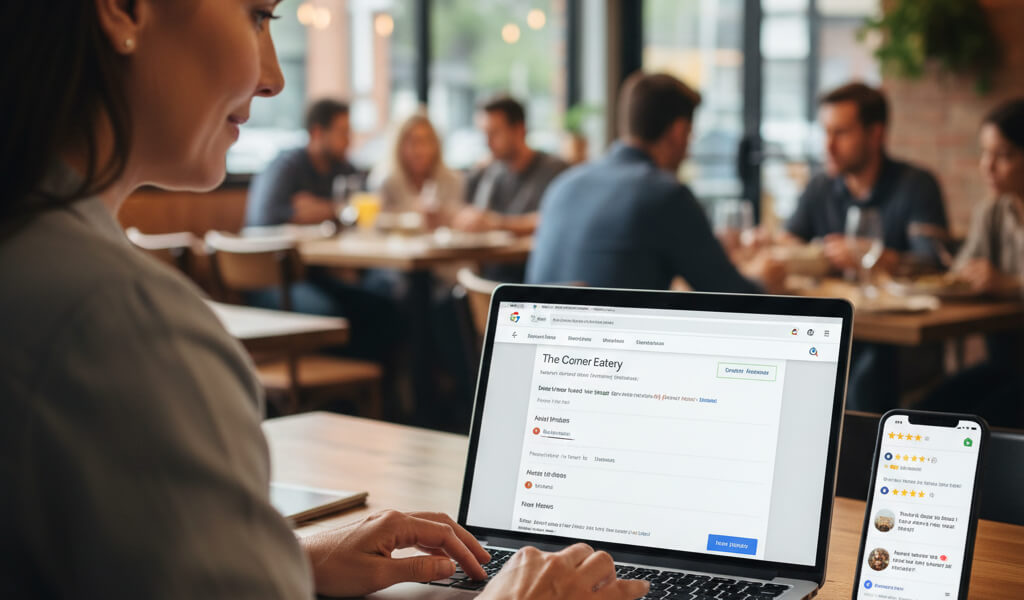 Restaurant owner updating Google Business Profile on laptop with smartphone showing reviews and busy dining area in background.