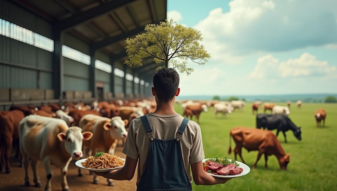 A split-scene showing factory-farmed animals on one side and free-roaming livestock on the other, with a person choosing between plant-based and meat-based meals.