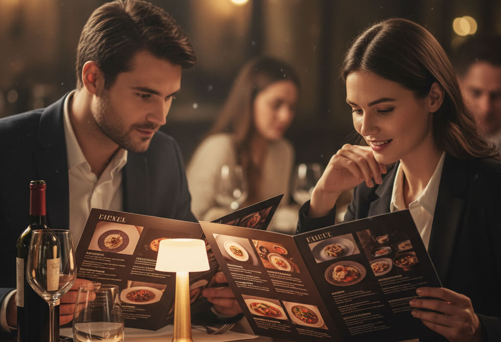 Customers browsing a beautifully designed restaurant menu with elegant typography and appetizing food photos.