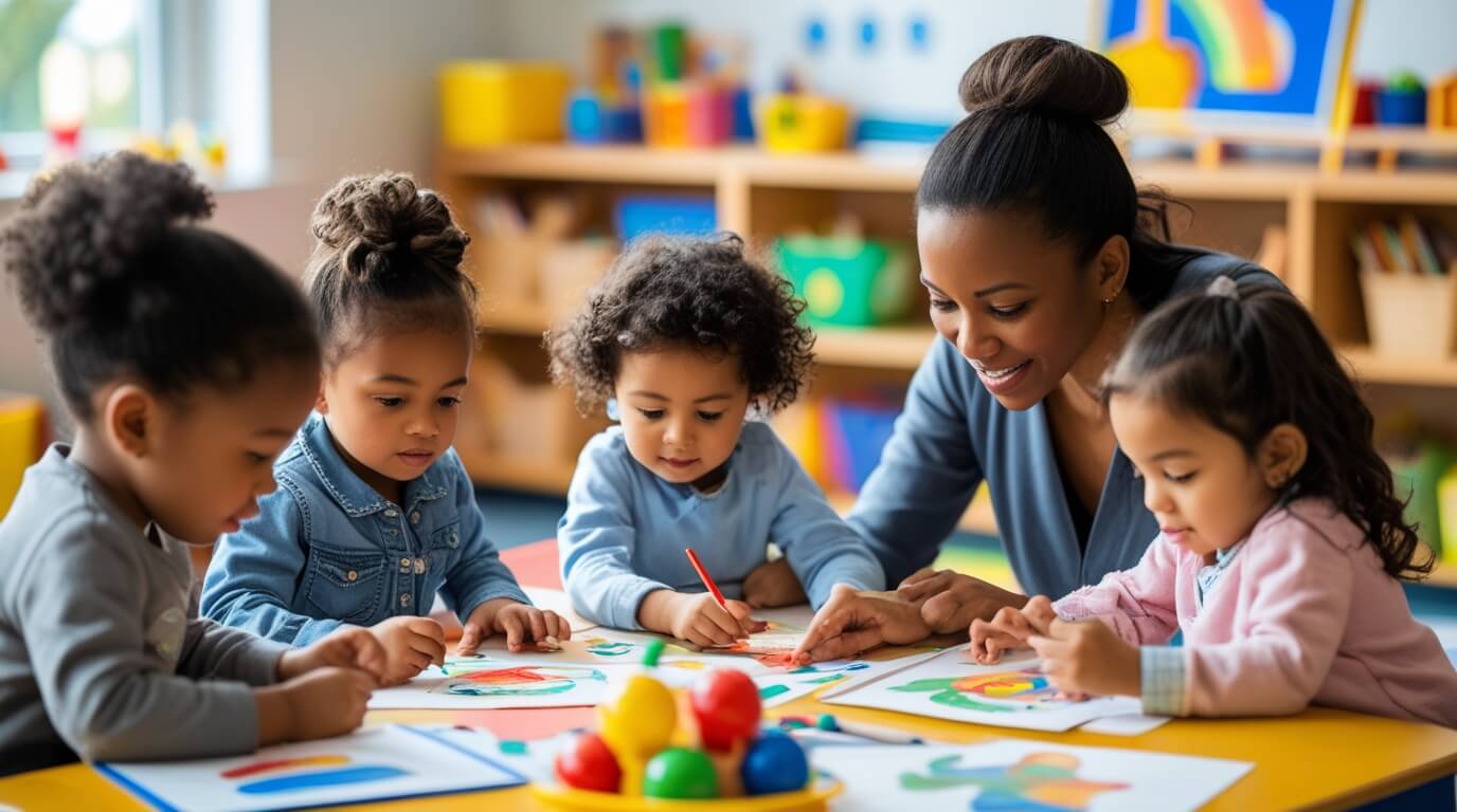 Young children learning and playing in a colorful early education classroom with a caring teacher.