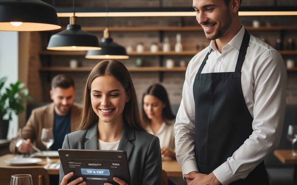 Guest using a digital tablet to leave a tip in a modern restaurant setting.