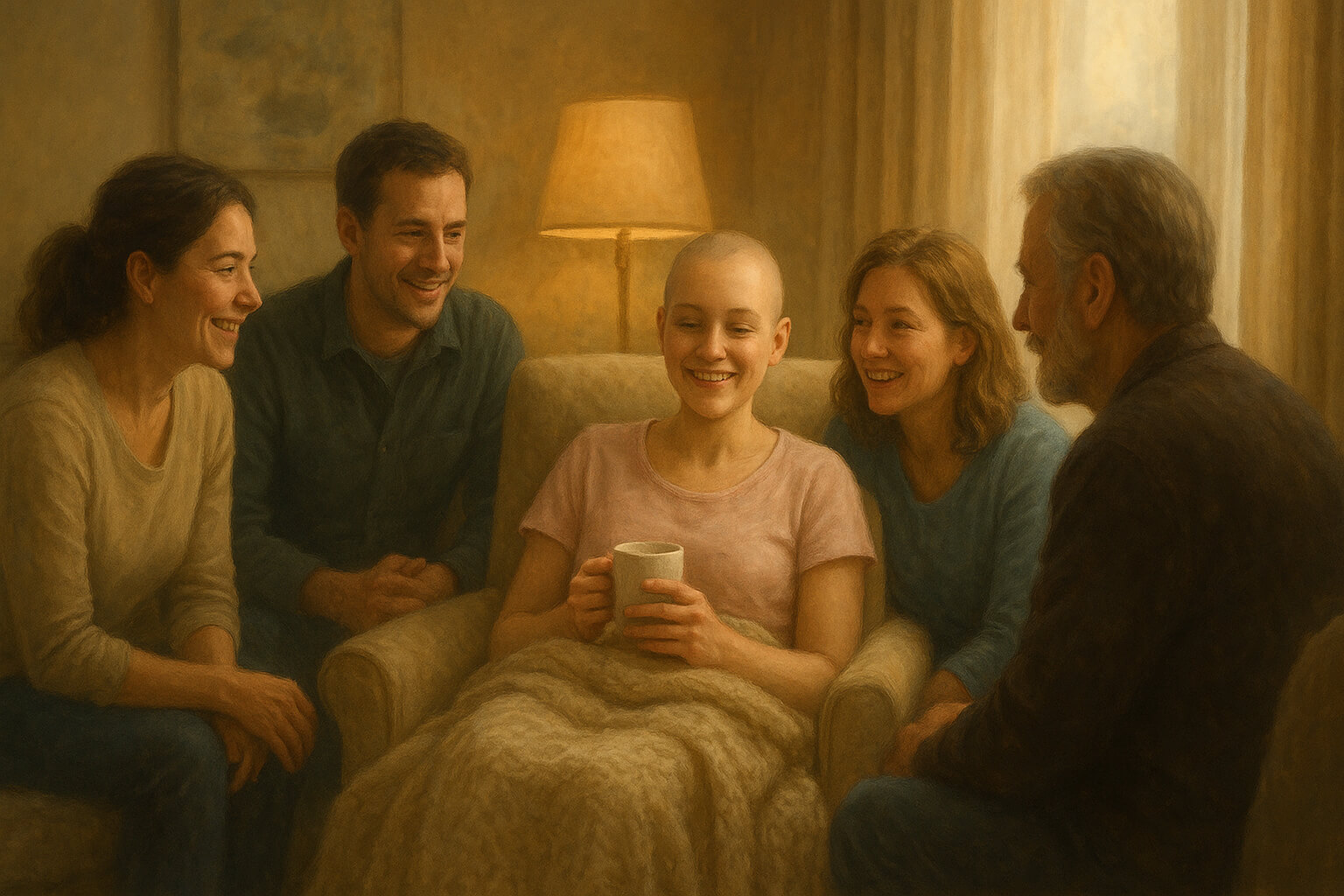 A woman with chronic illness sharing a moment of resilience and hope with supportive family and friends.