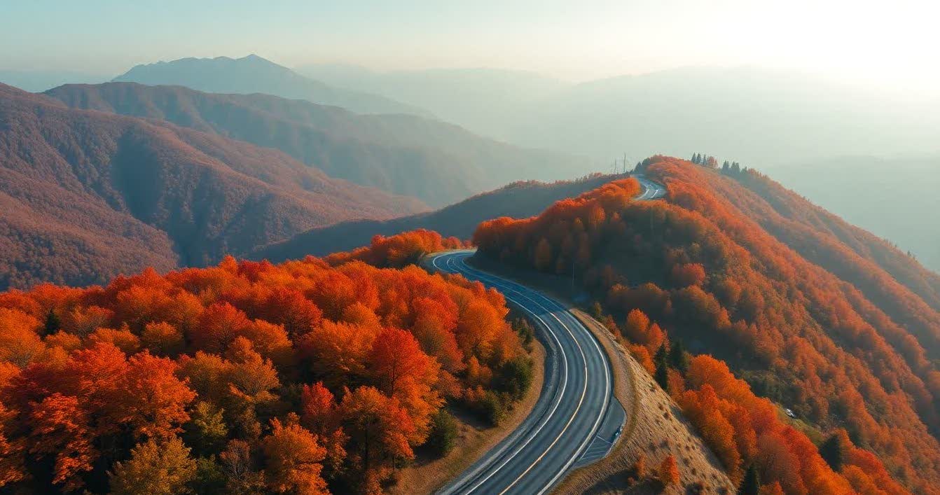 Aerial view of mountain road surrounded by autumn foliage.
