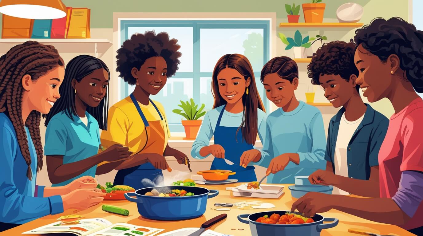 Diverse teenagers learning essential life skills like budgeting, teamwork, and cooking in a supportive workshop setting.