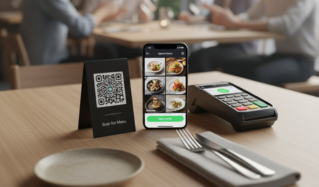 Restaurant table featuring a QR code menu, smartphone with digital menu, and contactless payment terminal, showcasing contactless dining technology.