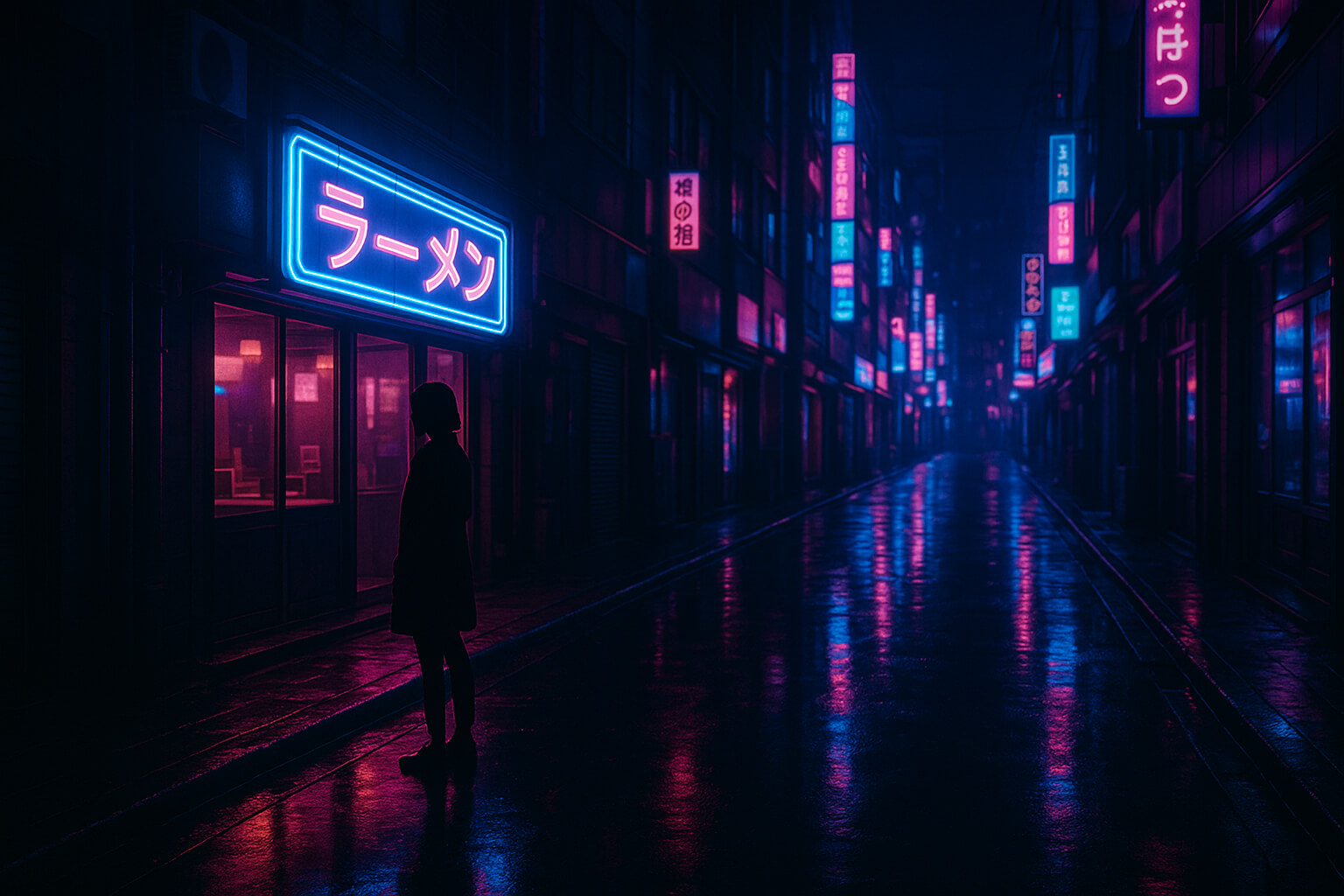 Neon-lit street with reflections on wet pavement and a silhouetted subject in front of glowing signs.
