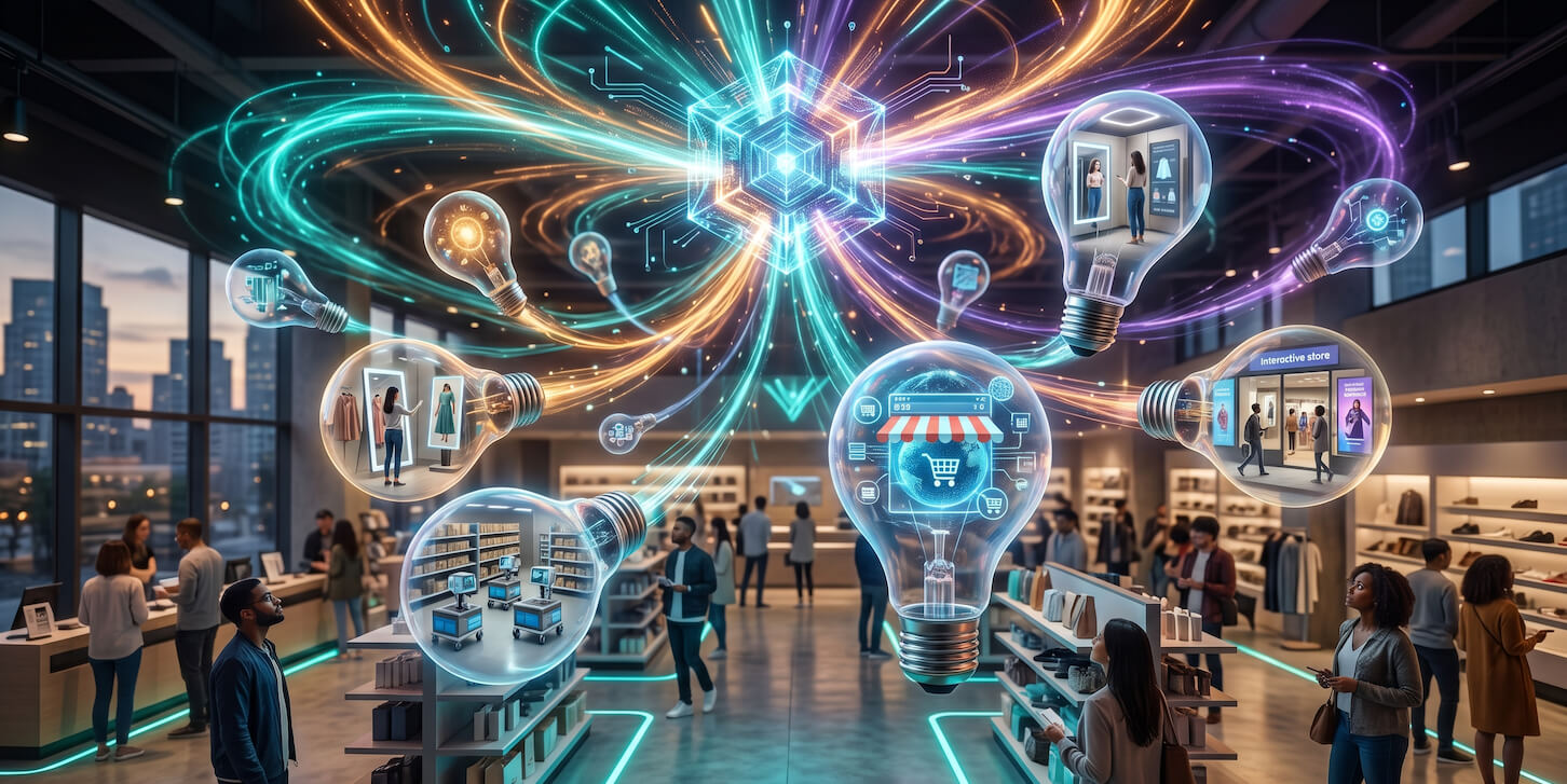 A burst of AI-powered ideas illuminating a modern retail store environment in 2026