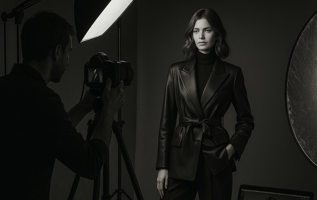 Fashion photographer capturing a model in a studio with professional lighting and camera setup