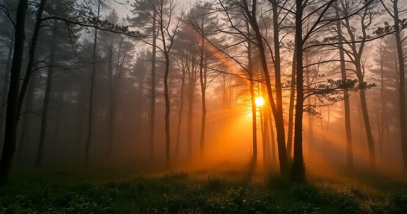 Misty forest at sunrise with backlit sunbeams through trees and glowing grass.