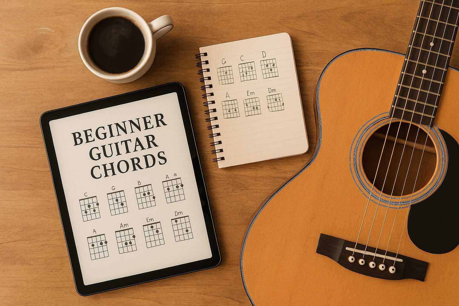 Beginner guitar chord eBook displayed on a tablet with guitar and handwritten notes nearby.