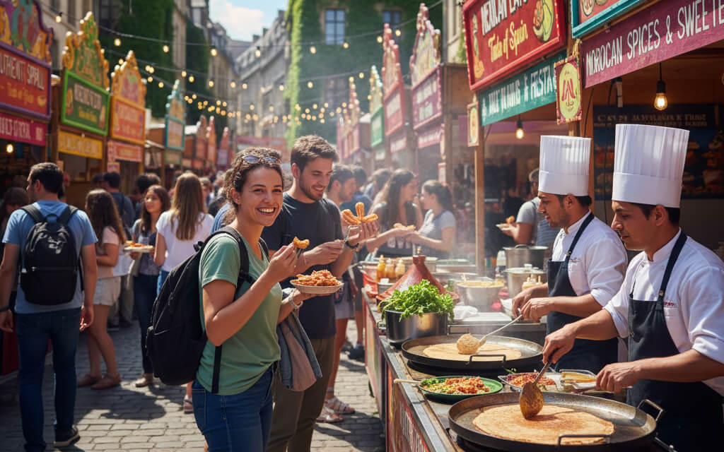 Travelers enjoying local dishes at a bustling food market with chefs preparing meals and diverse cuisines on display.