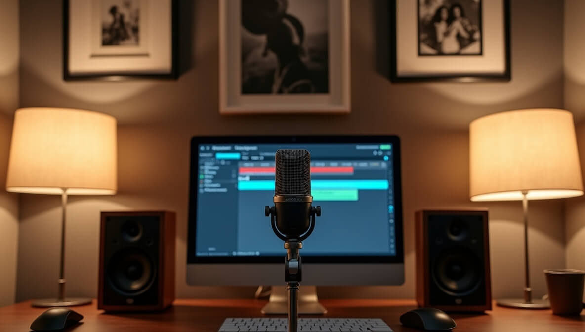 Modern home studio with audio interface, condenser mic, studio monitors, and acoustic treatment.