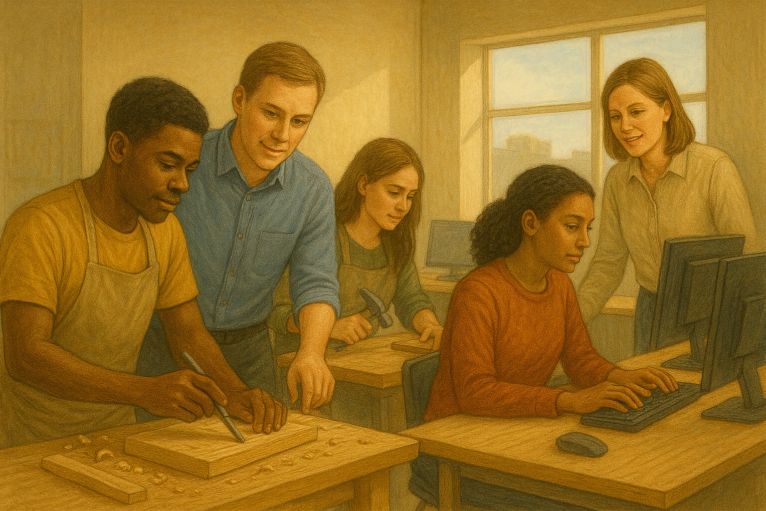 Young adults engaged in vocational training programs for employment and skill development.