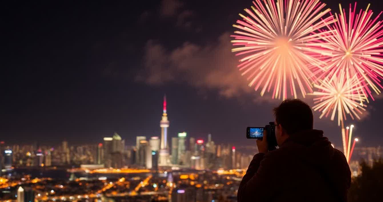 Photographer capturing colorful fireworks over a city skyline with a tripod.