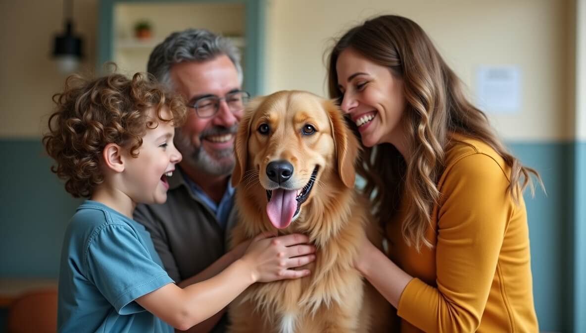 Families adopting dog from an animal shelter, breaking myths about shelter animals.