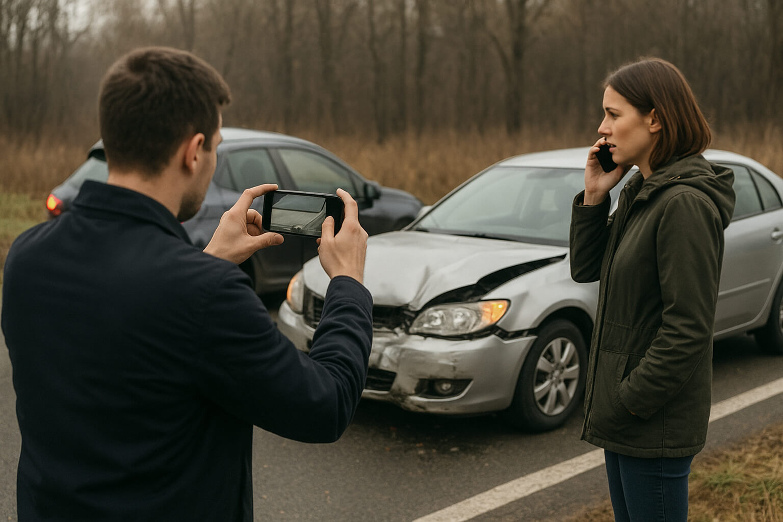 Driver photographing a car accident scene for insurance and legal documentation.